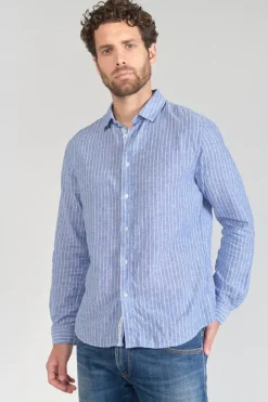 Le Temps des Cerises Chemise Bolko En Lin Melange Bleu Ciel Peacoat Cheap