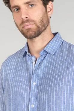 Le Temps des Cerises Chemise Bolko En Lin Melange Bleu Ciel Peacoat Cheap