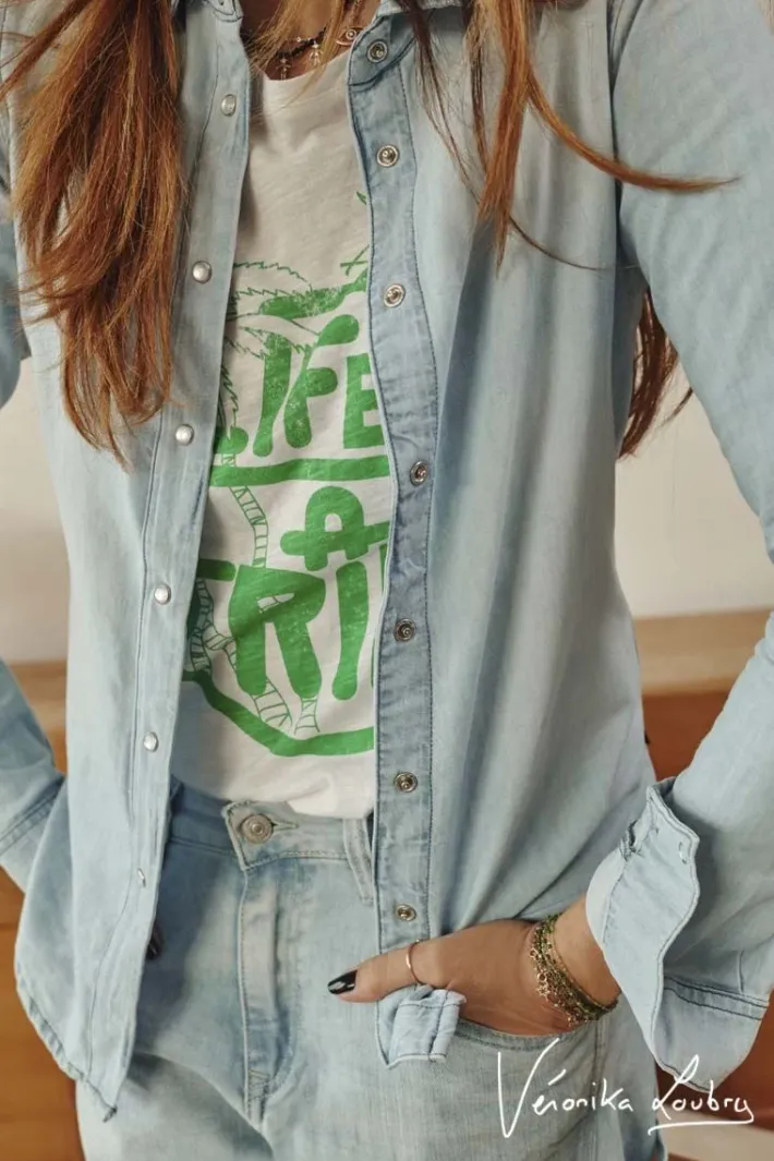 Le Temps des Cerises Chemise En Jeans Nude Bleue By Veronika Loubry Blue Store