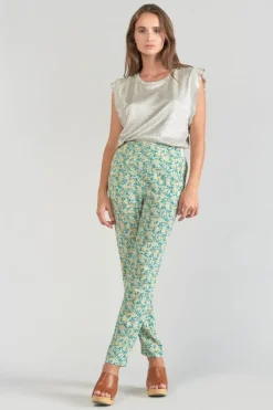 Le Temps des Cerises Pantalon Rani A Motif Fleuri Vert Et Bleu Liberty Blue Store