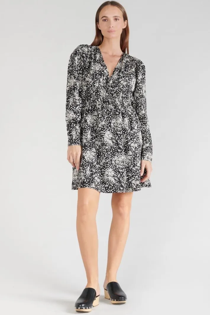 Le Temps des Cerises Robe Edwina A Motif Fleuri Noir Et Blanc Black Flower Cheap