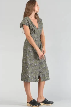 Le Temps des Cerises Robe Longue Croft Kaki A Motif Fleuri Lizard Clearance
