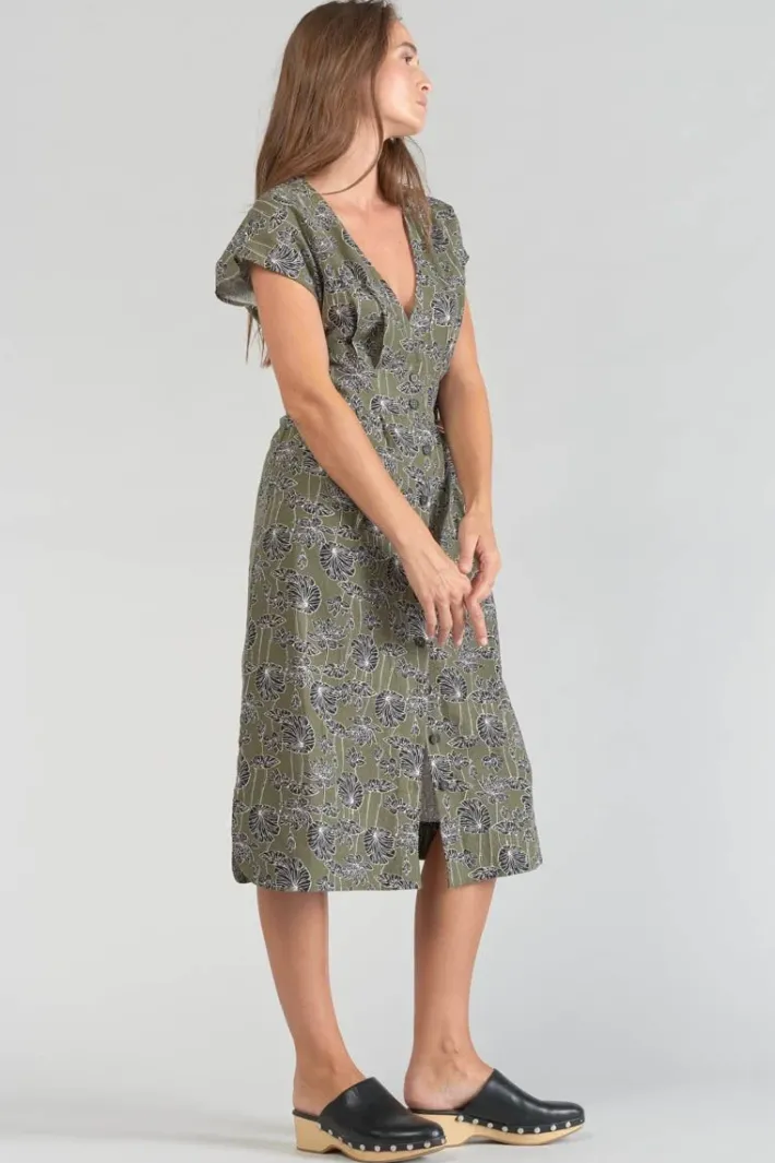 Le Temps des Cerises Robe Longue Croft Kaki A Motif Fleuri Lizard Clearance