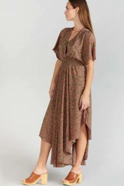 Le Temps des Cerises Robe Longue Yaka Kaki A Motif Fleuri Khaki Flowers Best