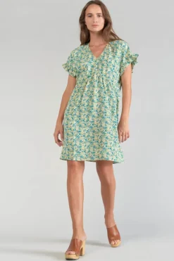 Le Temps des Cerises Robe Tate A Motif Fleuri Vert Et Bleu Liberty Blue Discount