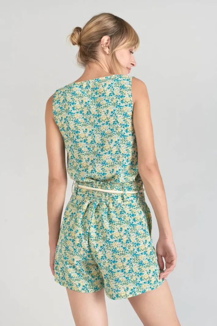 Le Temps des Cerises Short Lamet A Motif Fleuri Vert Et Bleu Liberty Blue Best Sale